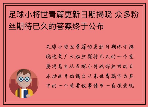 足球小将世青篇更新日期揭晓 众多粉丝期待已久的答案终于公布