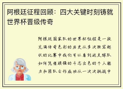 阿根廷征程回顾：四大关键时刻铸就世界杯晋级传奇